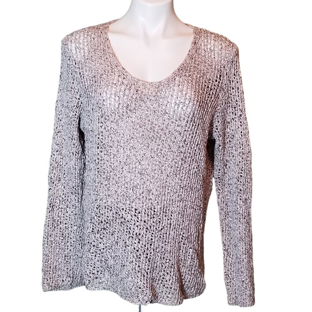 Eileen Fisher Sweater Cotton Long Sleeve Scoop Neck Crochet Pullover Knit L